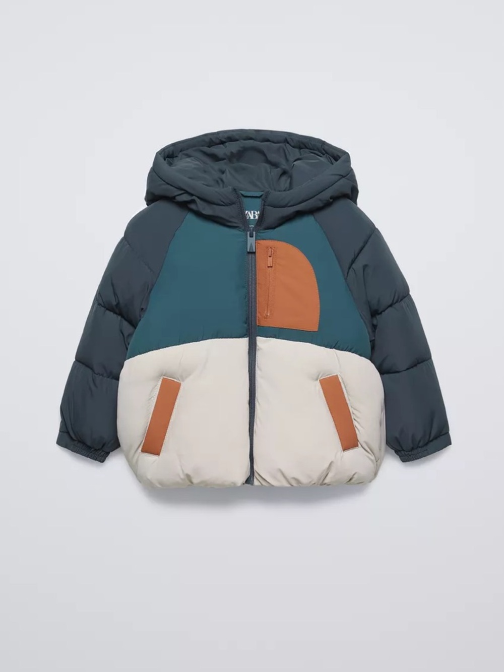 Zara Colorblock Puffer Jacket in Teal, Cream & Brown